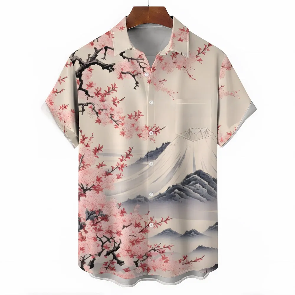 Hawaiian Sakura Ukiyoe Mount Fuji 3D Print Short Sleeve Shirt 2411008676