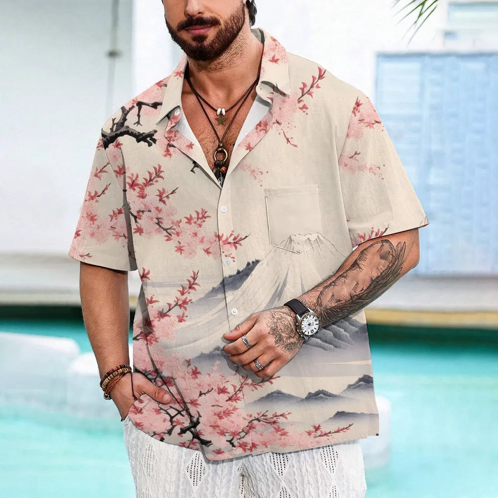 Hawaiian Sakura Ukiyoe Mount Fuji 3D Print Short Sleeve Shirt 2411008676