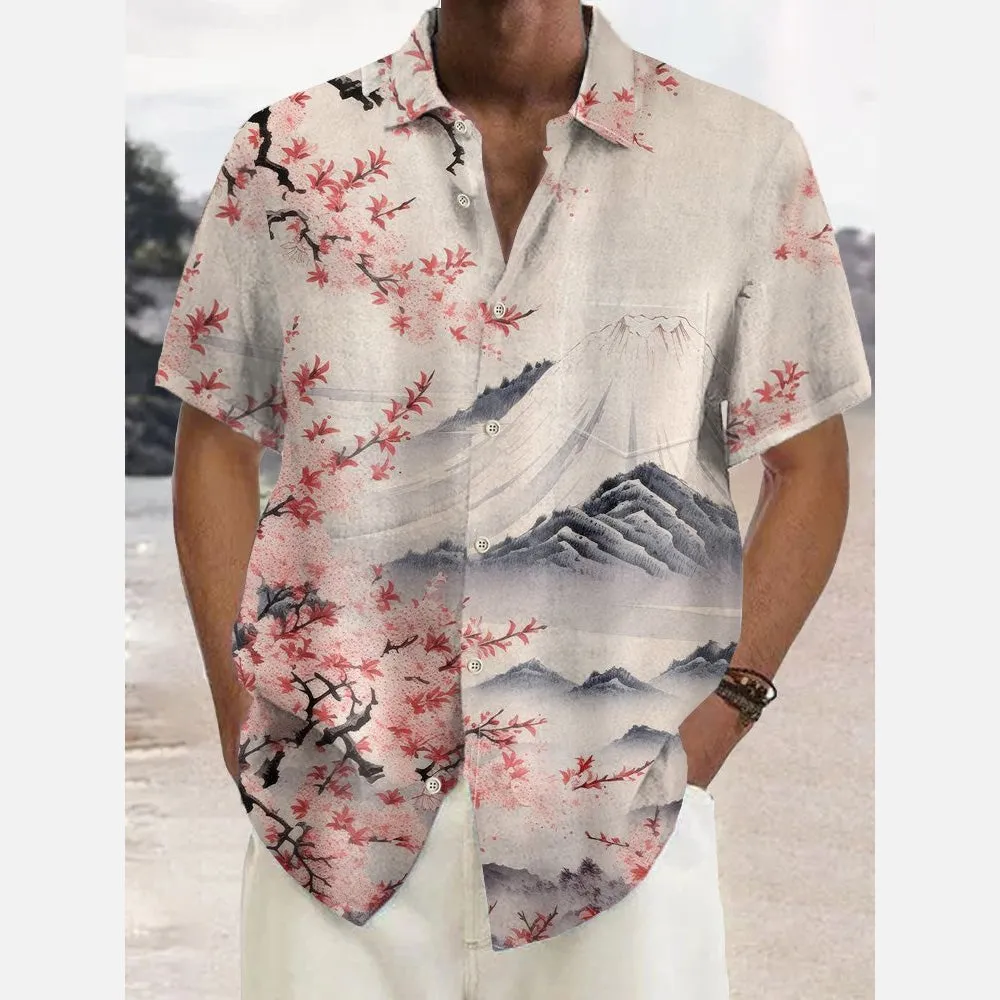 Hawaiian Sakura Ukiyoe Mount Fuji 3D Print Short Sleeve Shirt 2411008676