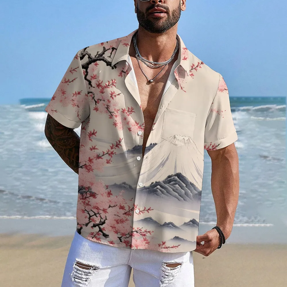Hawaiian Sakura Ukiyoe Mount Fuji 3D Print Short Sleeve Shirt 2411008676