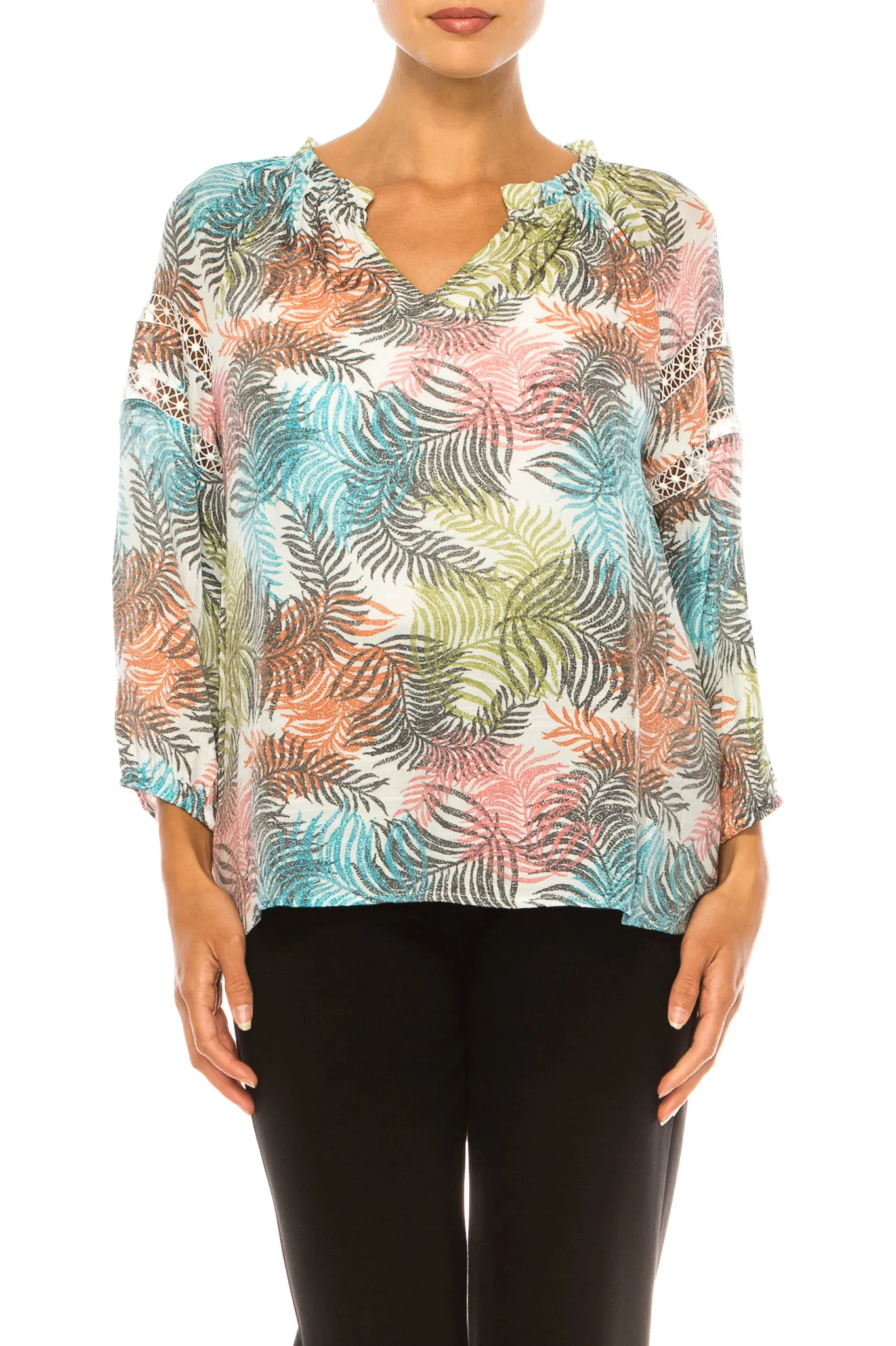 Hope & Harlow Long Sleeve Leaf Print Peasant Top
