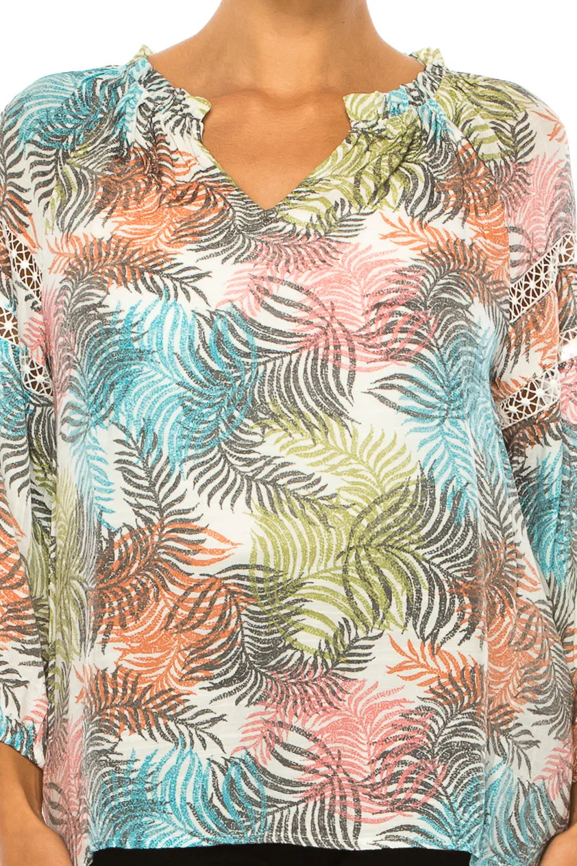 Hope & Harlow Long Sleeve Leaf Print Peasant Top