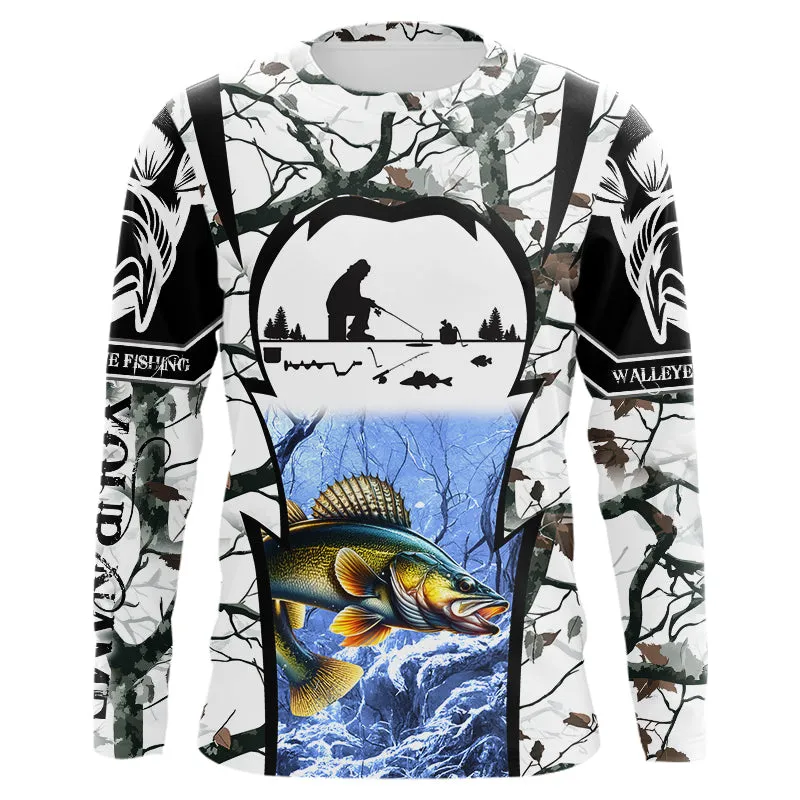 Ice fishing walleye snow winter camo Customize name Long sleeve Fishing shirts NPQ246