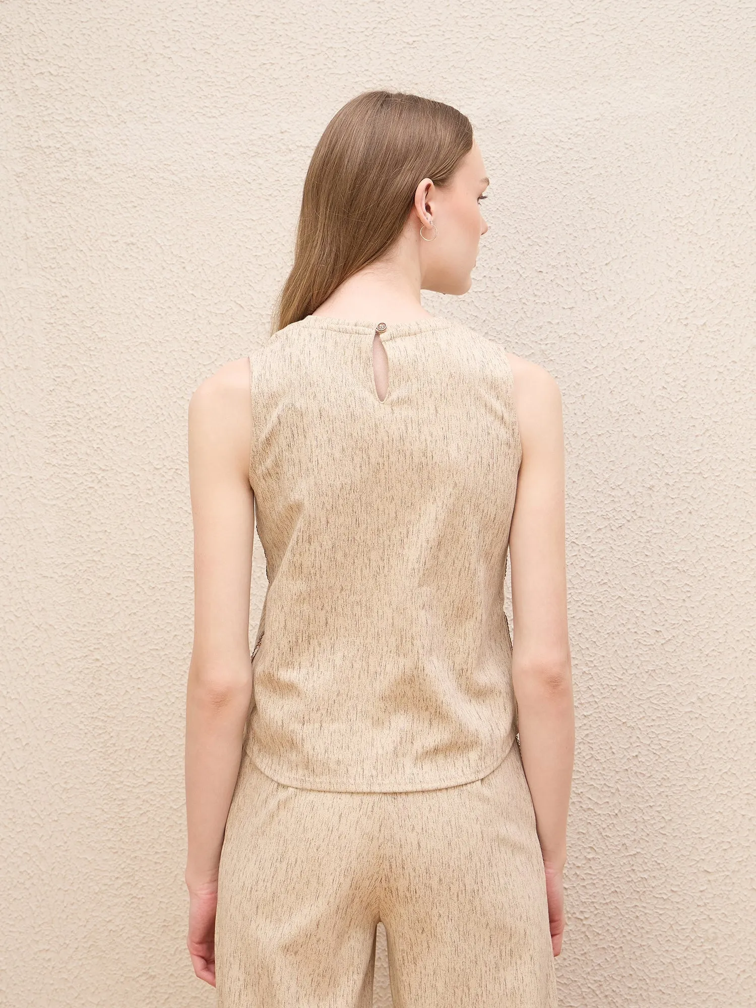 Iconic Women Beige Textured Round Neck Top