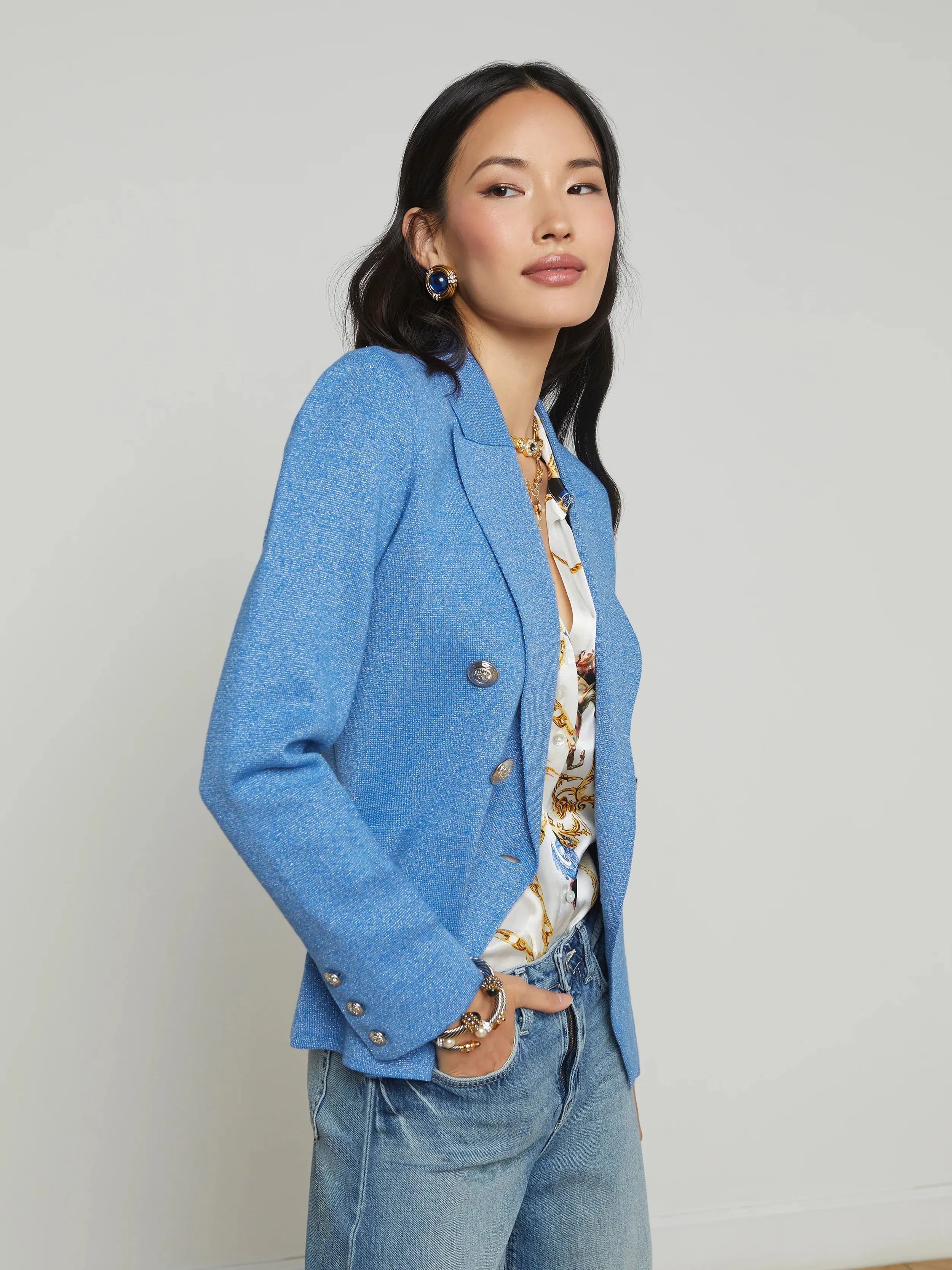 Kenzie Metallic Knit Blazer - Harbor Blue Silver
