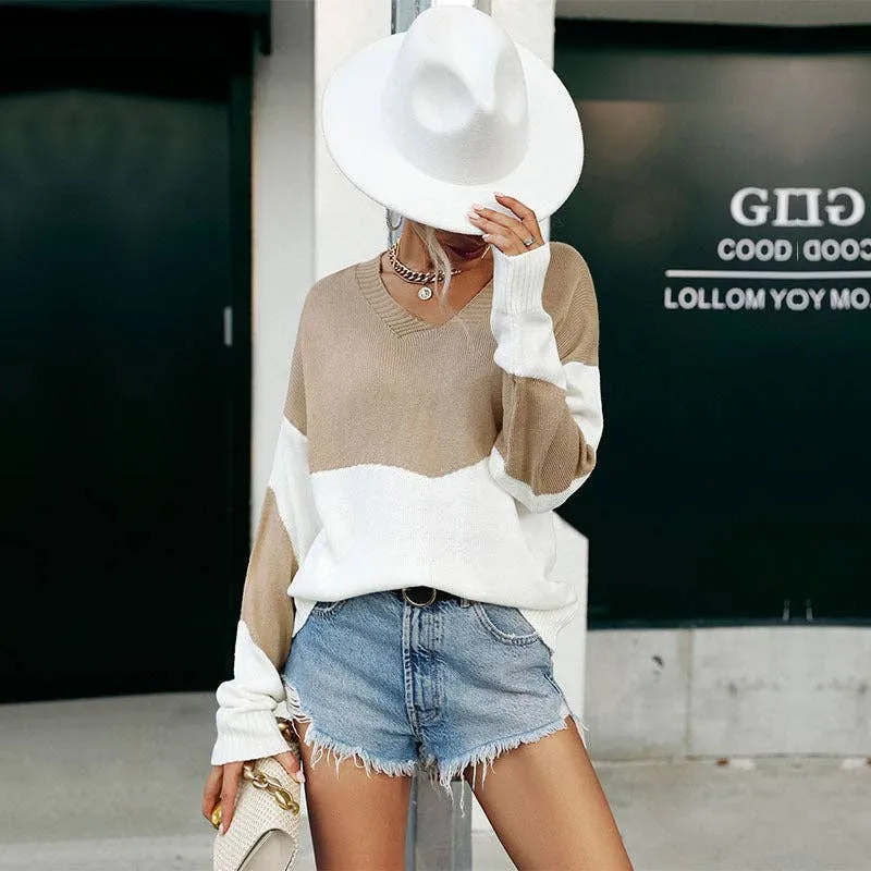 Khaki Casual Crewneck Patchwork Pullover Knit Sweater