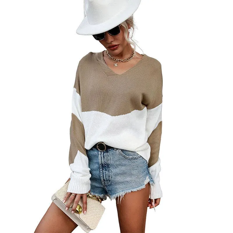 Khaki Casual Crewneck Patchwork Pullover Knit Sweater