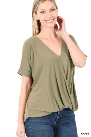 Khaki Crepe Layered Draped Front Zenana Top 11/17/24 9223