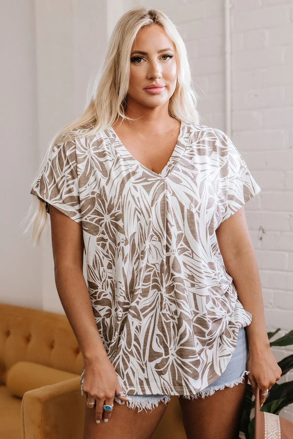 Khaki Floral Print V Neck Short Sleeve Loose Fit Blouse
