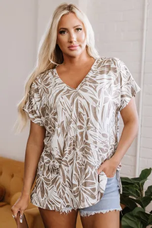 Khaki Floral Print V Neck Short Sleeve Loose Fit Blouse