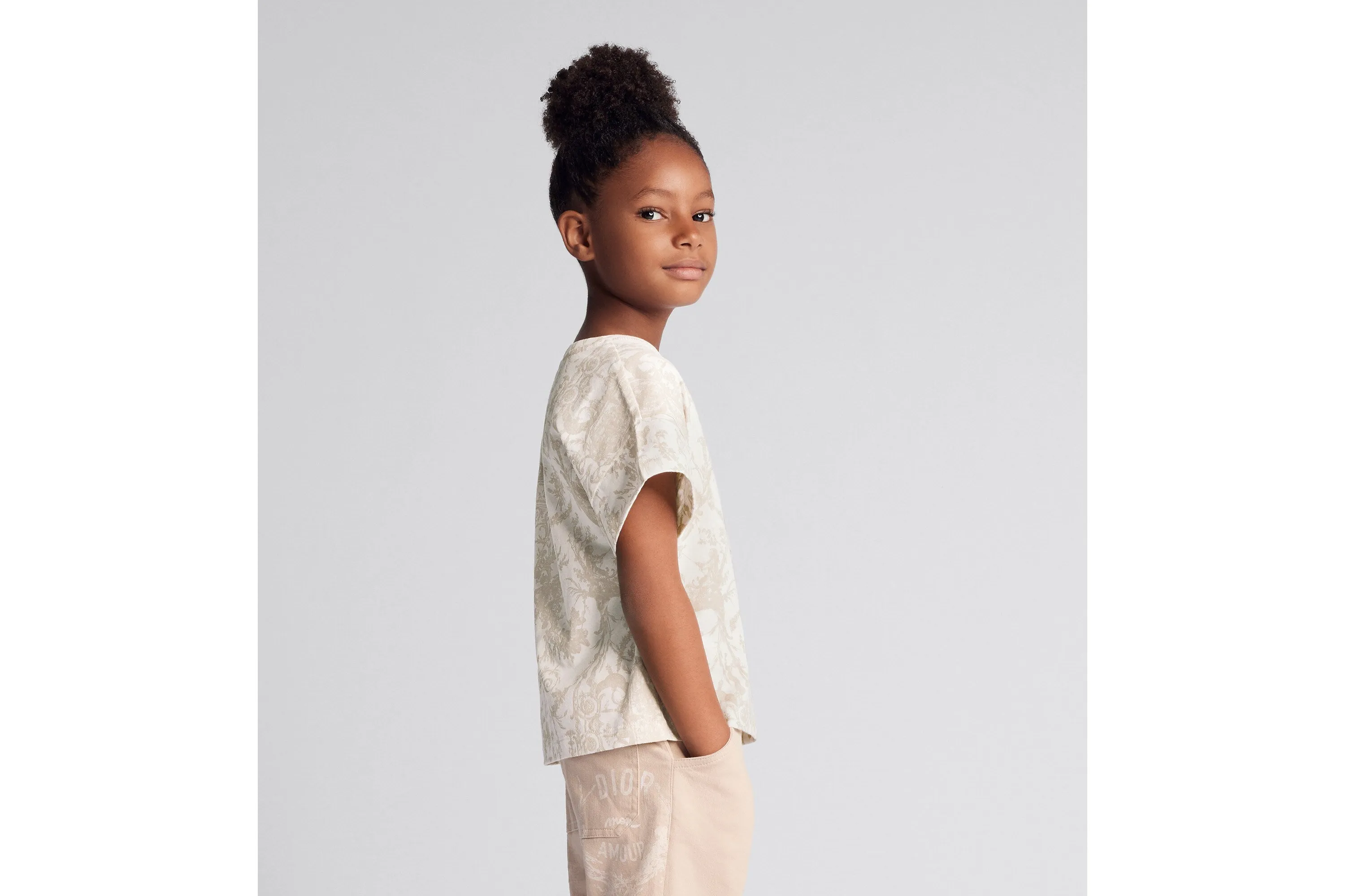 Kid's T-Shirt • Beige Cotton Jersey with White Toile de Jouy Print