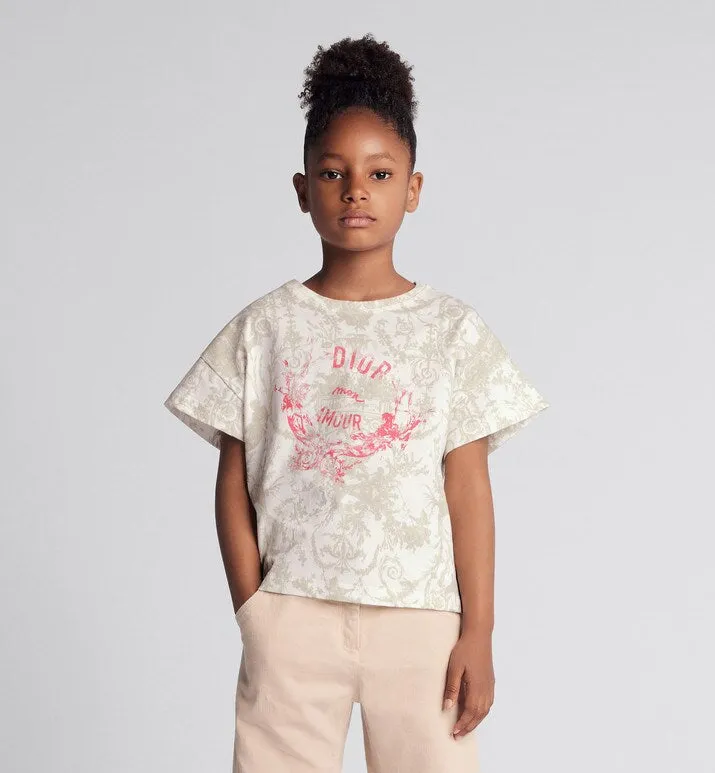 Kid's T-Shirt • Beige Cotton Jersey with White Toile de Jouy Print