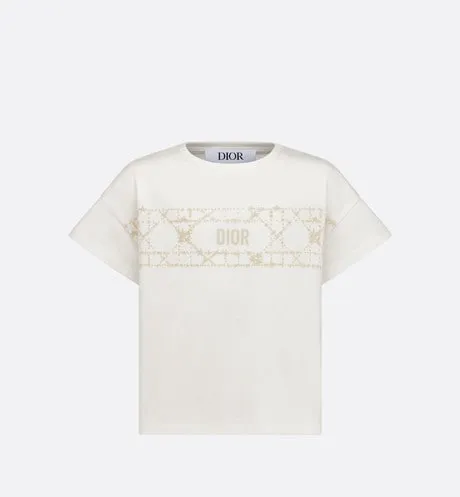 Kid's T-Shirt • Ivory Cotton Jersey with Pale Gold-Tone Cannage Motif