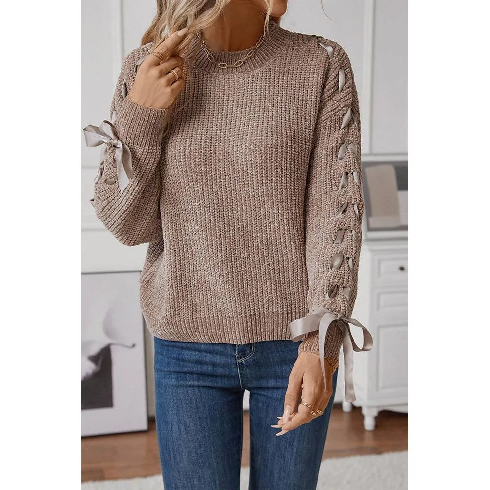 Lace Up Bowknot Round Neck Knitting Sweater ZK2469