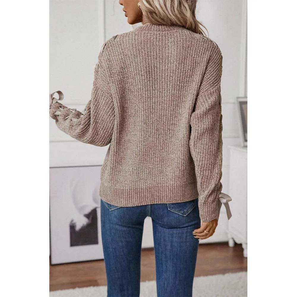 Lace Up Bowknot Round Neck Knitting Sweater ZK2469
