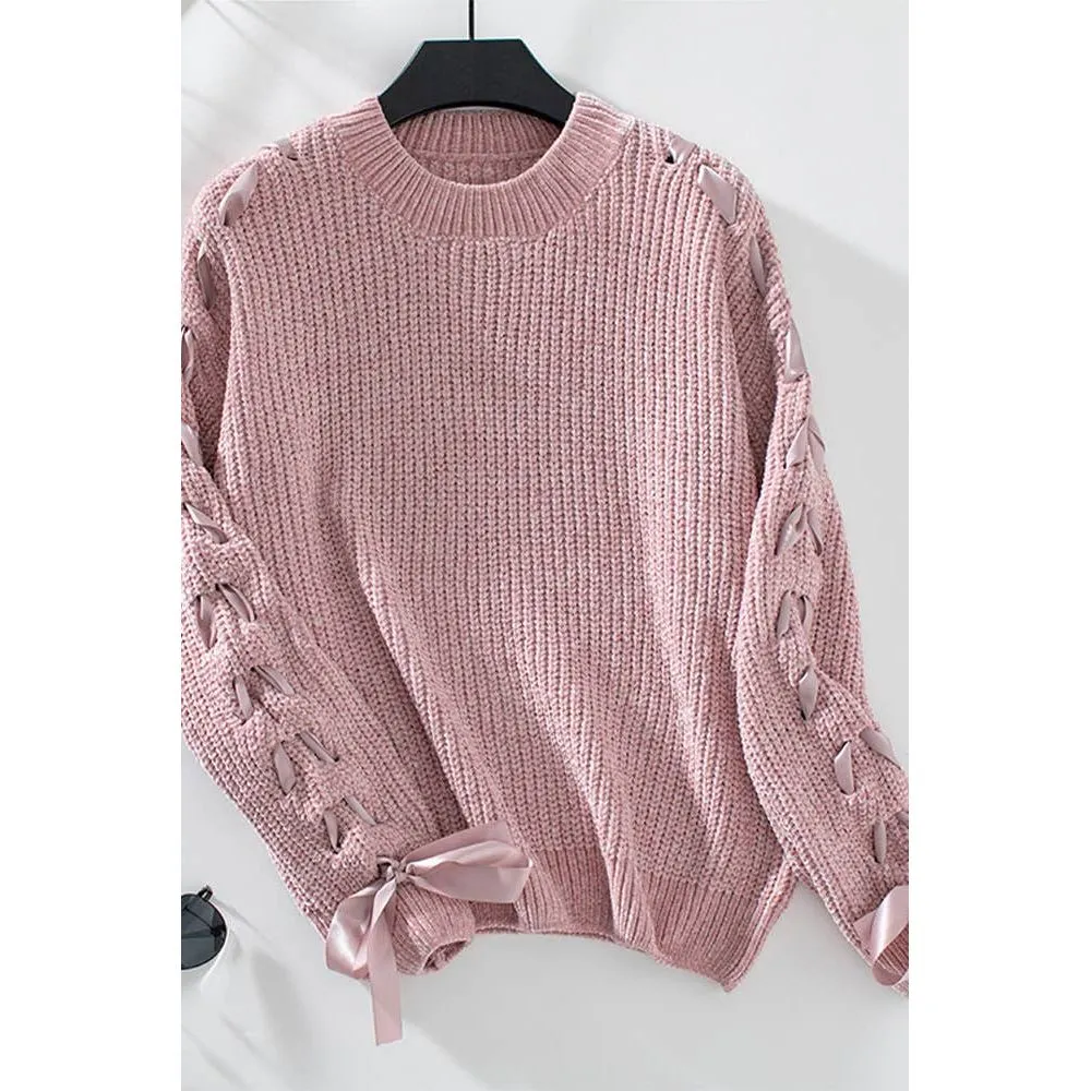 Lace Up Bowknot Round Neck Knitting Sweater ZK2469