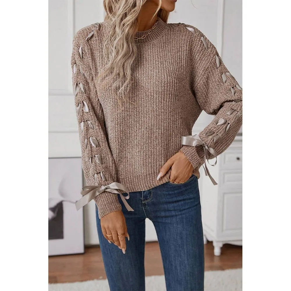 Lace Up Bowknot Round Neck Knitting Sweater ZK2469