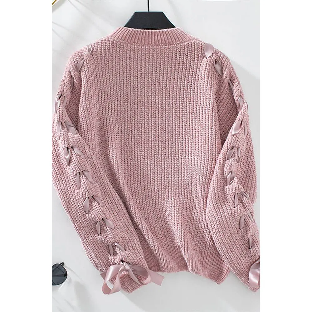 Lace Up Bowknot Round Neck Knitting Sweater ZK2469