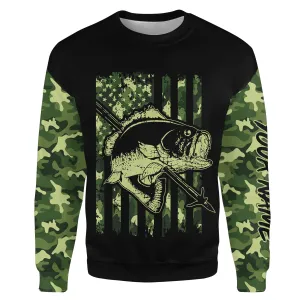 Largemouth Bass Bowfishing green camo American flag patriotic custom fishing tournament shirts | Sweatshirt - NPQ714