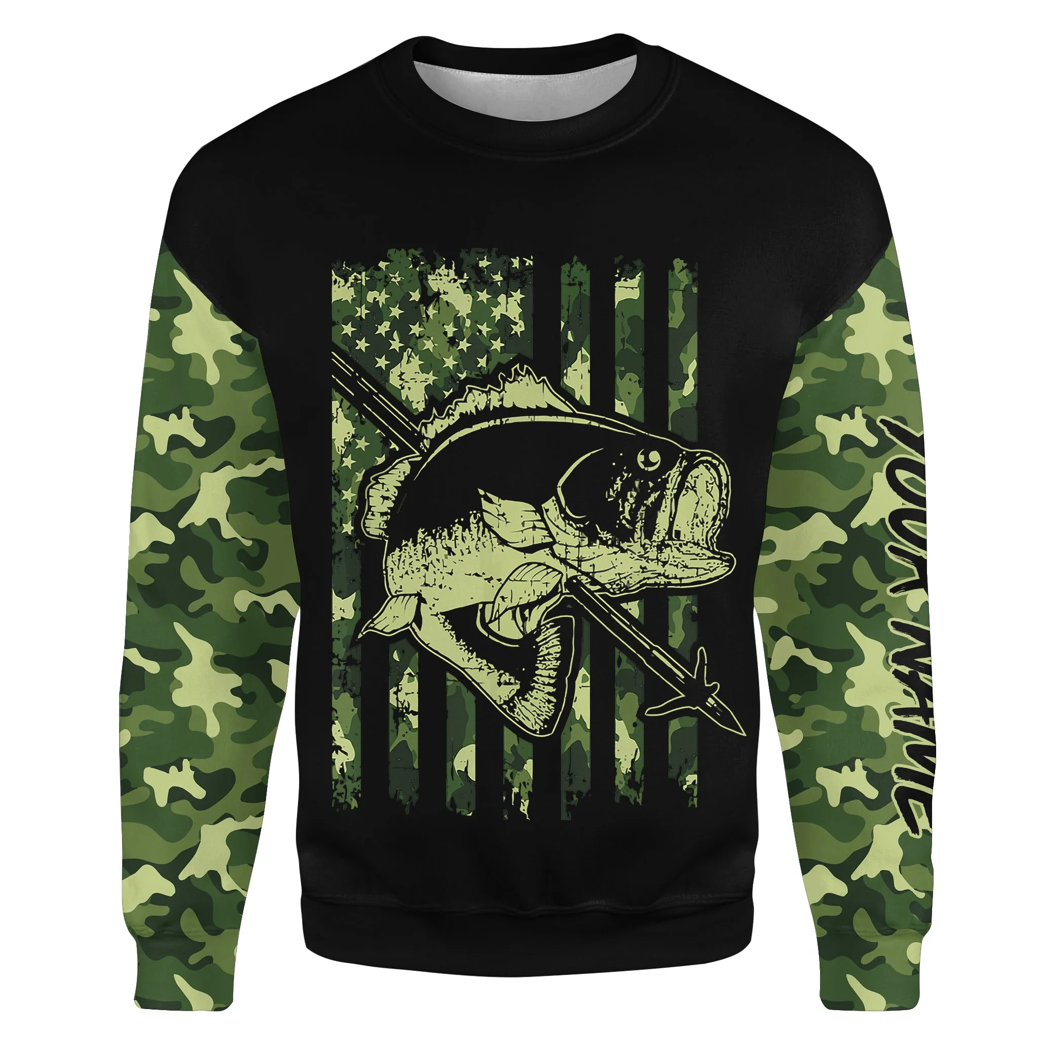 Largemouth Bass Bowfishing green camo American flag patriotic custom fishing tournament shirts | Sweatshirt - NPQ714