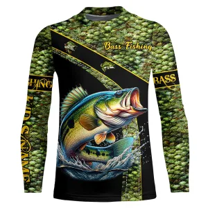 Largemouth Bass fishing green bass scales Custom name Bass fishing Kid Long Sleeves shirts NQS4888
