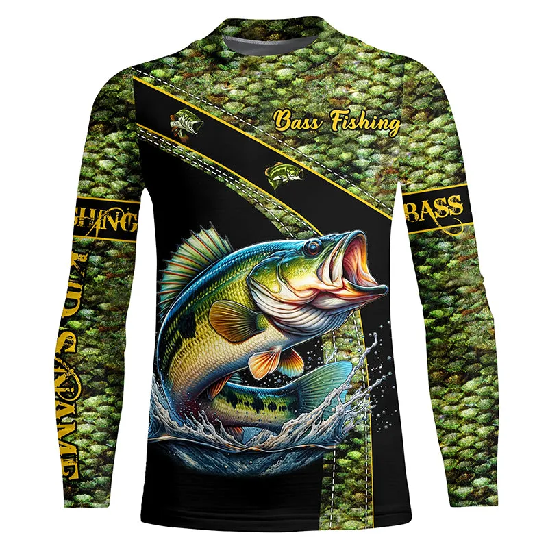 Largemouth Bass fishing green bass scales Custom name Bass fishing Kid Long Sleeves shirts NQS4888