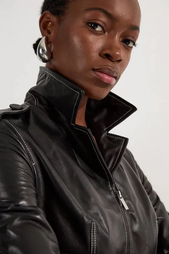 Leather Stitch Detail Tailored Belted Jacket