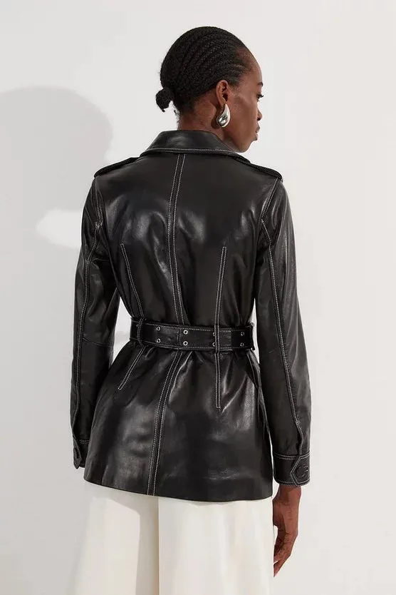Leather Stitch Detail Tailored Belted Jacket