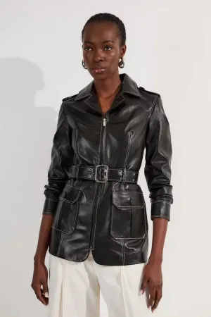 Leather Stitch Detail Tailored Belted Jacket