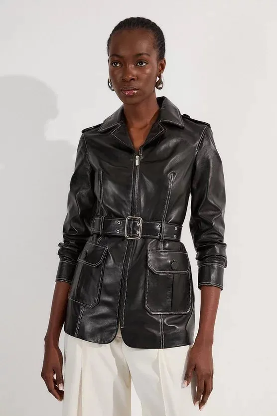 Leather Stitch Detail Tailored Belted Jacket