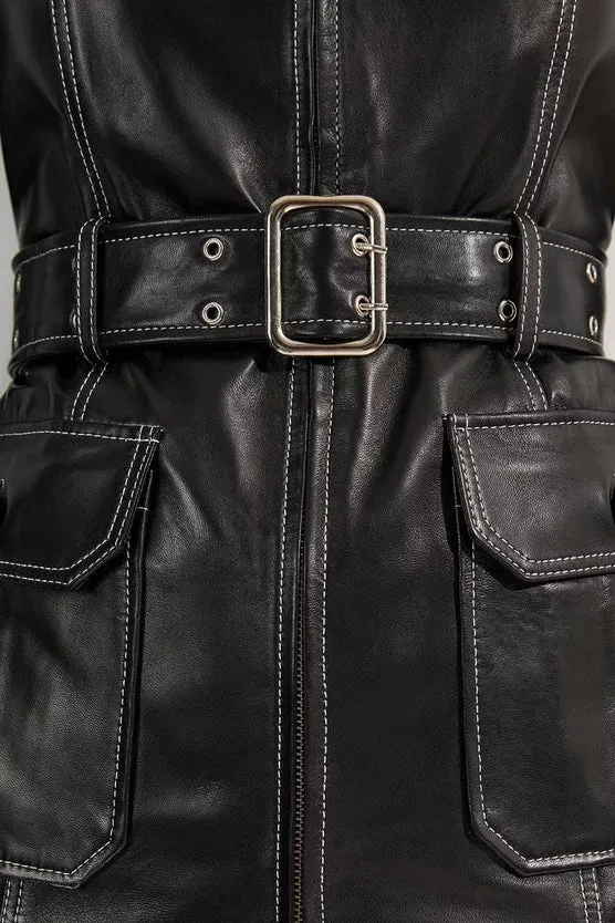 Leather Stitch Detail Tailored Belted Jacket