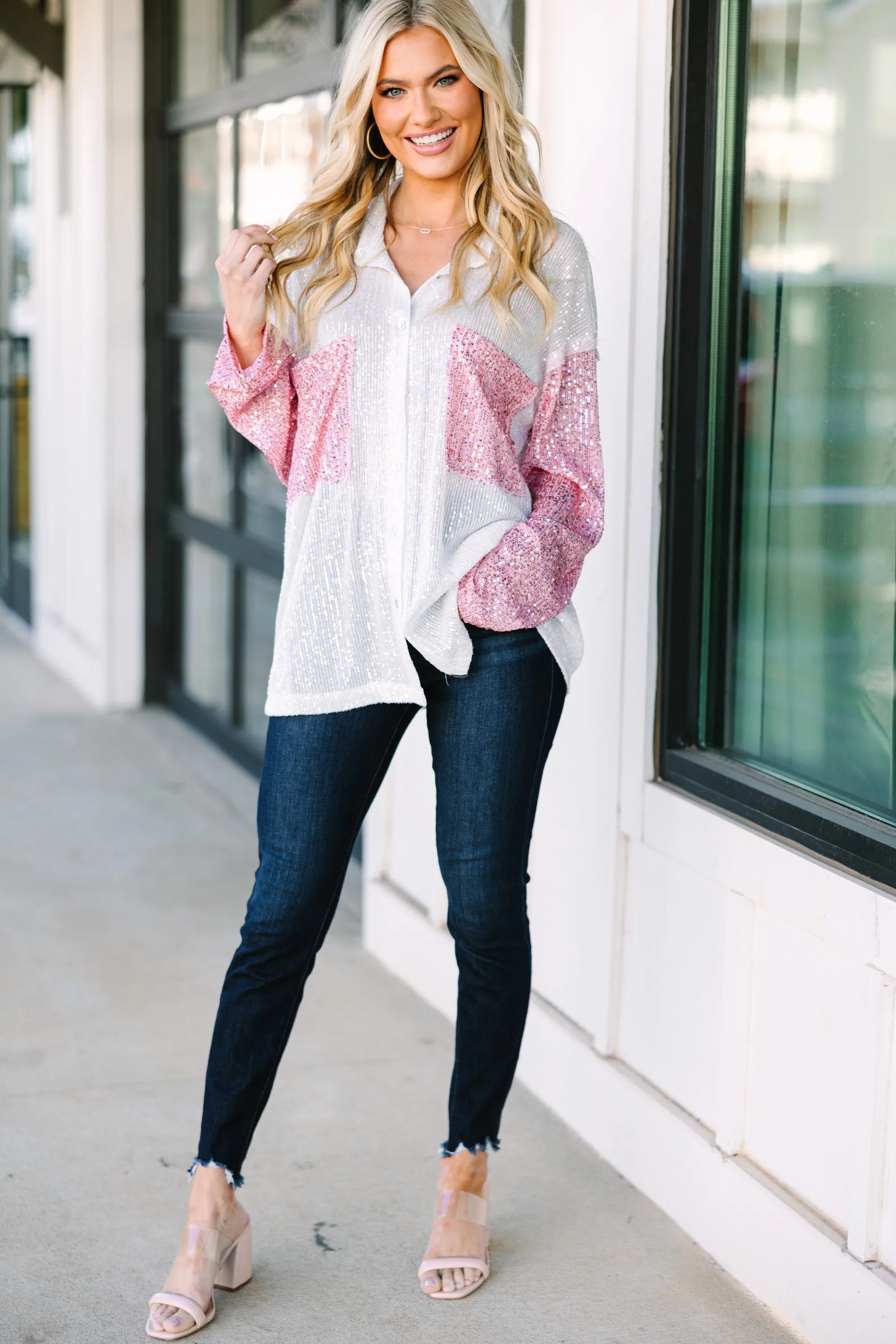 Let's Hit Broadway Pink Colorblock Sequin Blouse