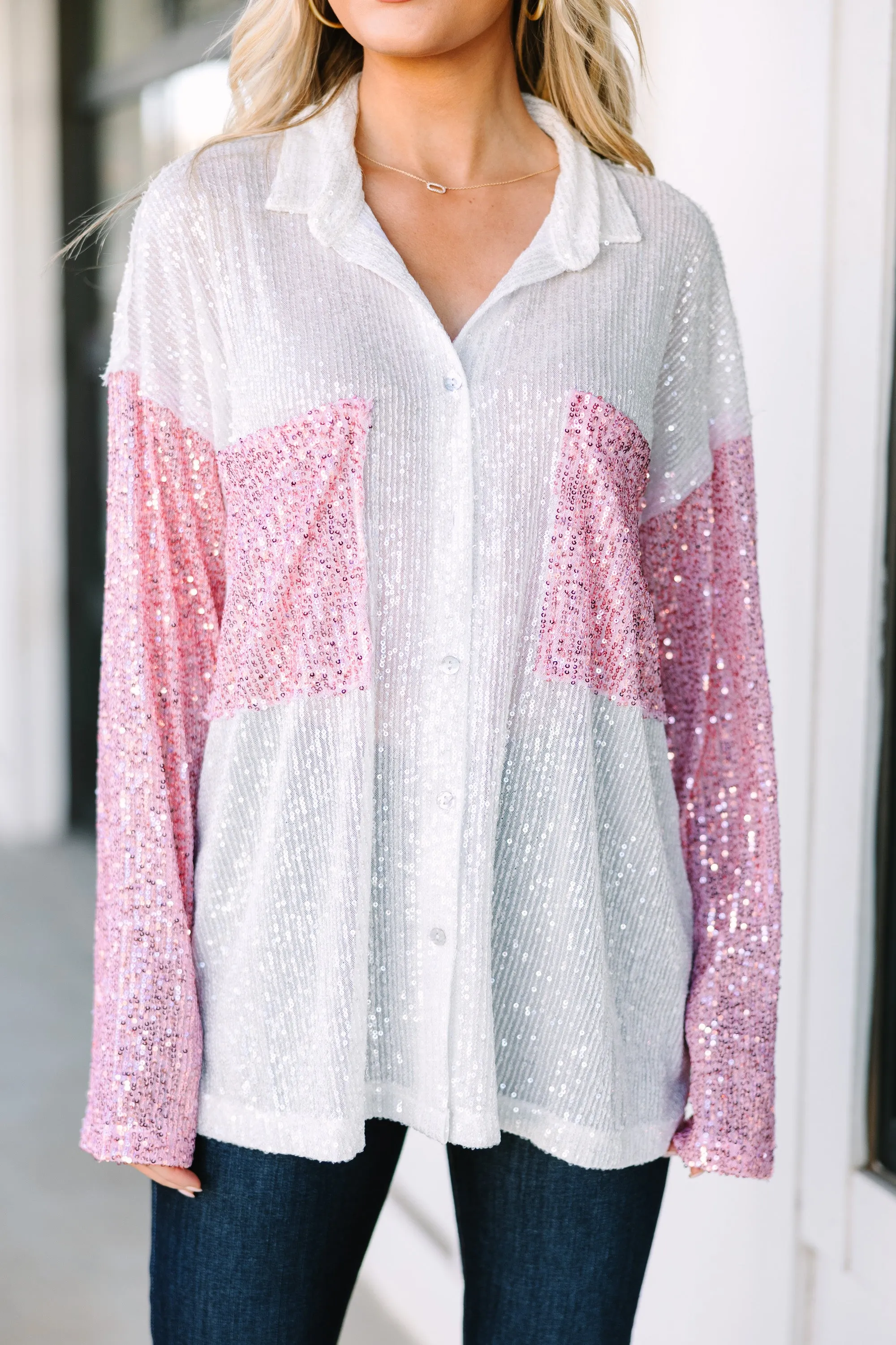 Let's Hit Broadway Pink Colorblock Sequin Blouse