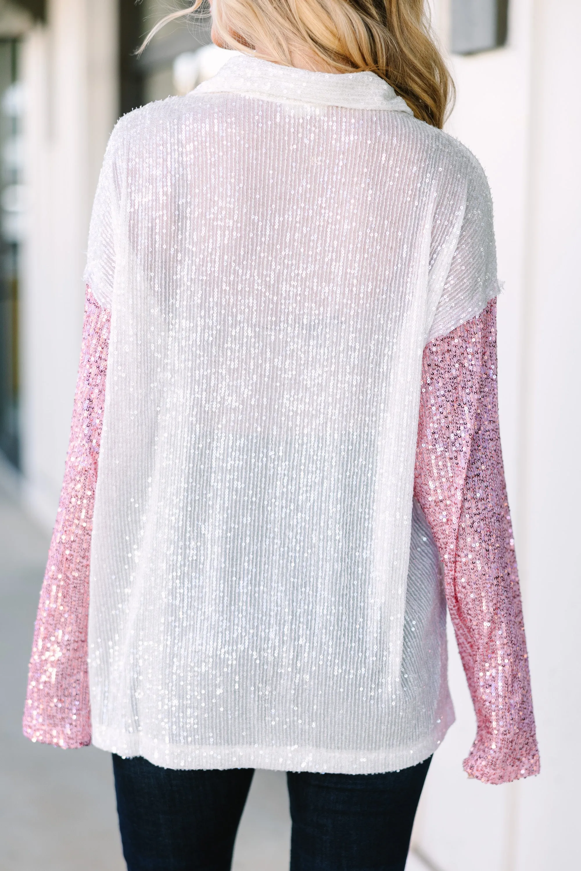 Let's Hit Broadway Pink Colorblock Sequin Blouse