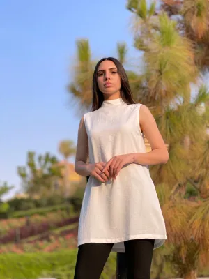 Linen High-Neck Sleeveless Blouse