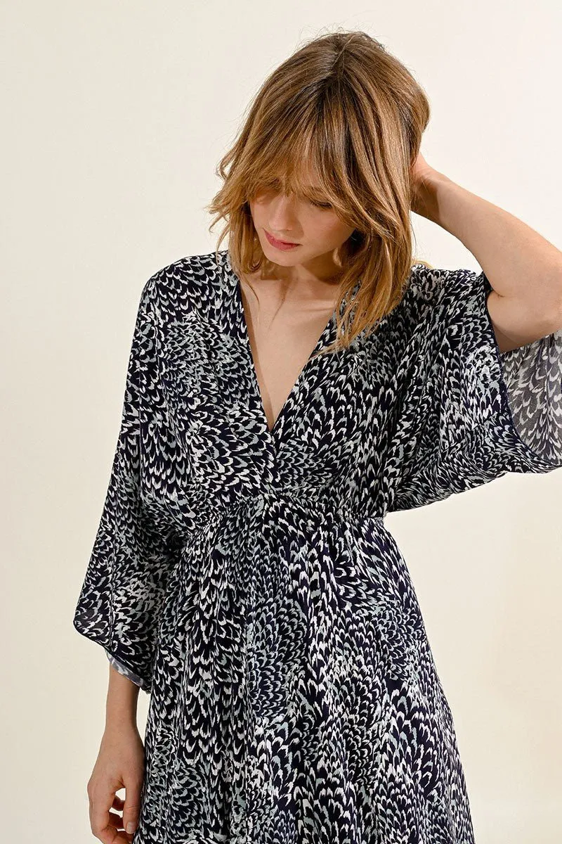 LOOSE-FITTING PRINTED V-NECK DRESS