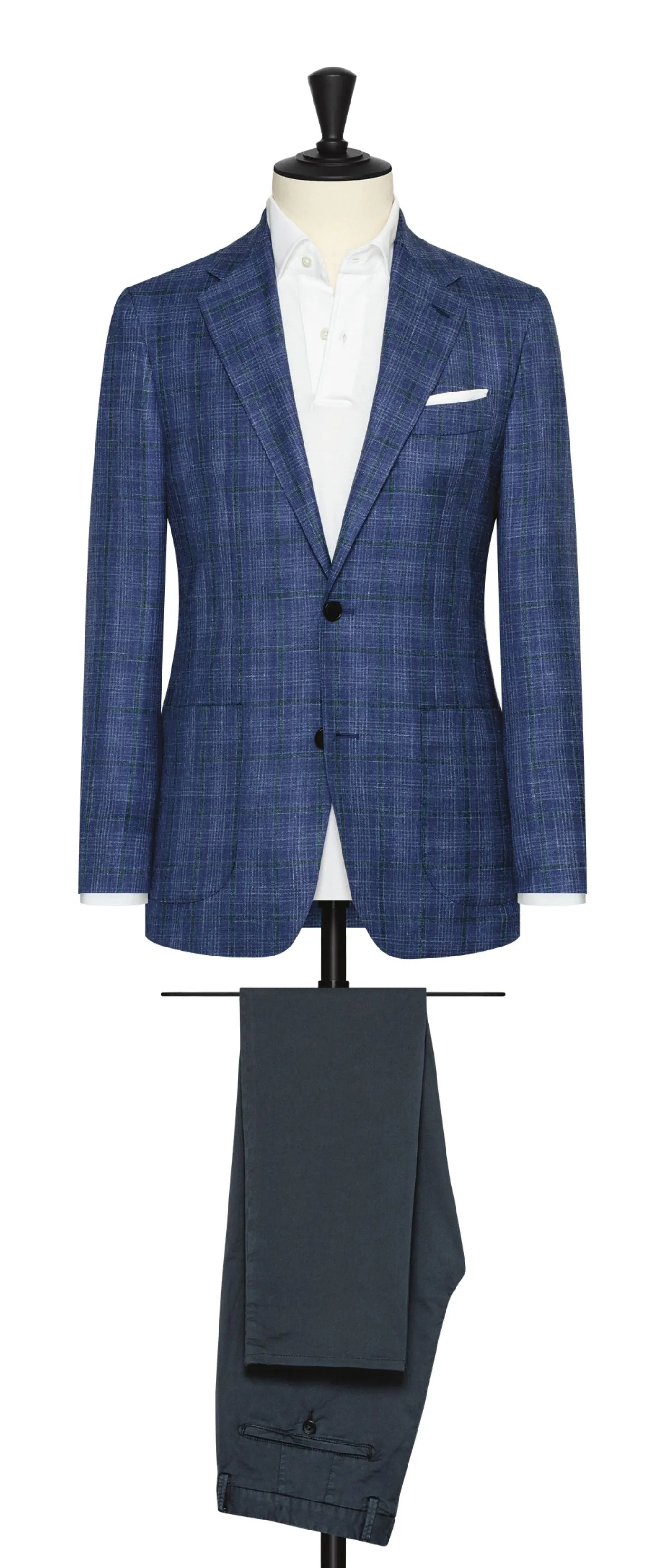 Loro Piana Royal Blue & White Wool, Silk & Linen Check with Green Windowpane