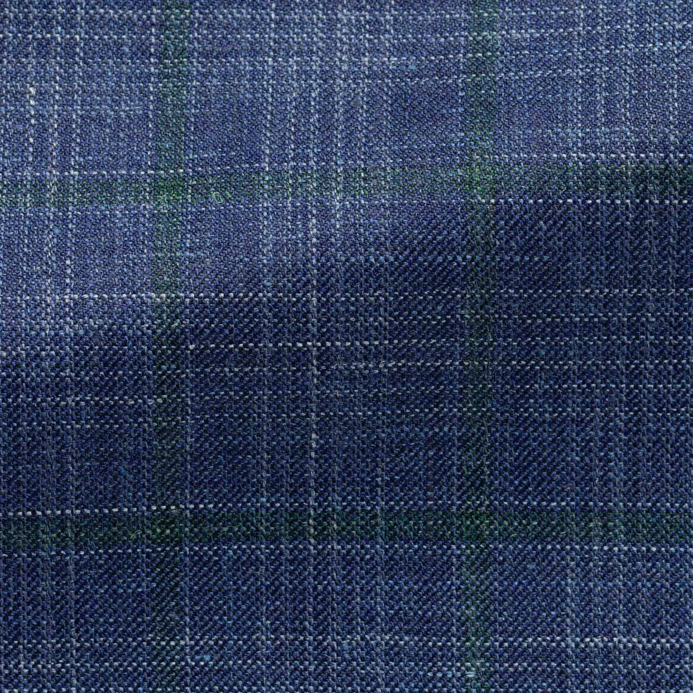 Loro Piana Royal Blue & White Wool, Silk & Linen Check with Green Windowpane