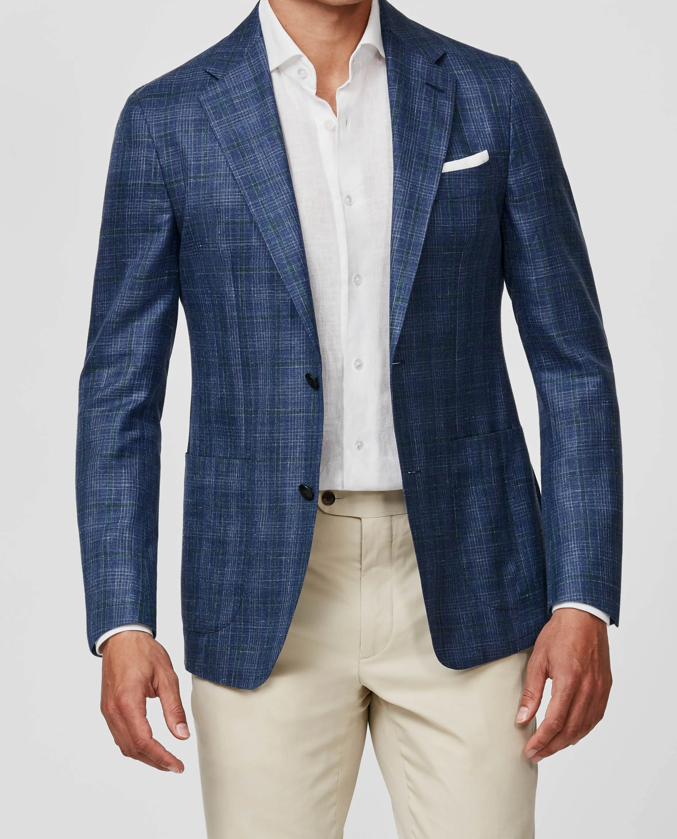 Loro Piana Royal Blue & White Wool, Silk & Linen Check with Green Windowpane