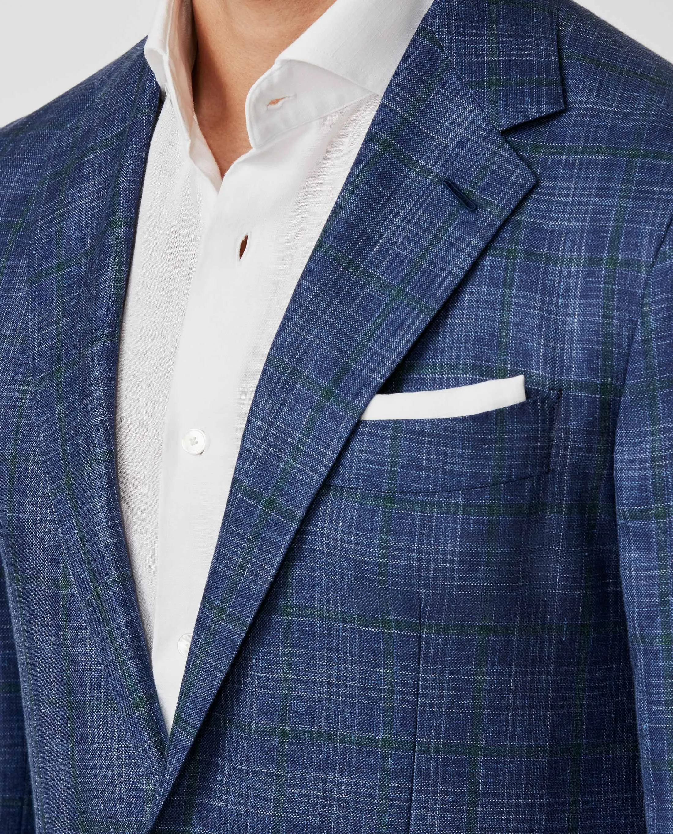 Loro Piana Royal Blue & White Wool, Silk & Linen Check with Green Windowpane