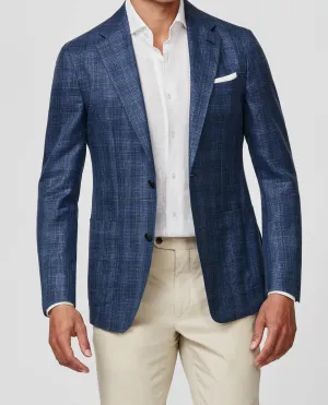 Loro Piana Royal Blue & White Wool, Silk & Linen Check with Green Windowpane