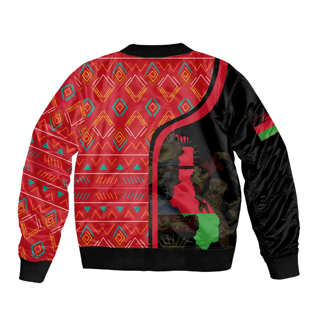 Malawi Patterns African Sleeve Zip Bomber Jacket Blended with Flag Colors and National Emblem TS04