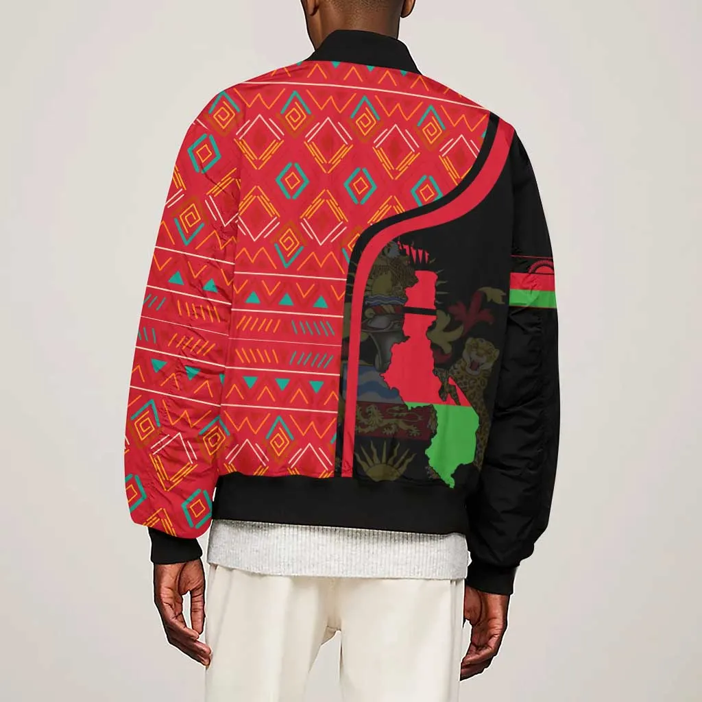 Malawi Patterns African Sleeve Zip Bomber Jacket Blended with Flag Colors and National Emblem TS04