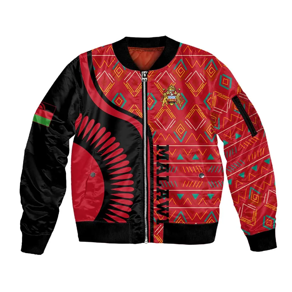 Malawi Patterns African Sleeve Zip Bomber Jacket Blended with Flag Colors and National Emblem TS04