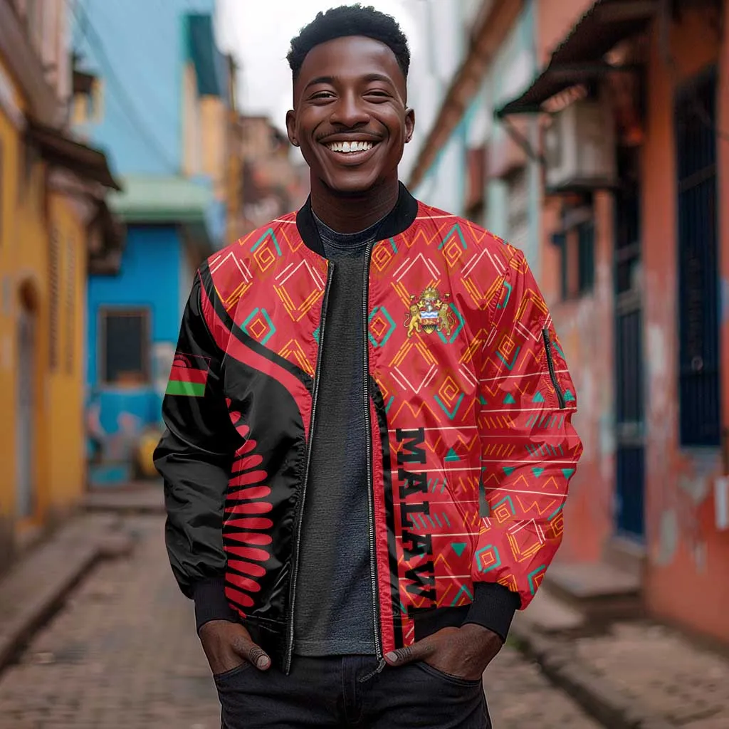 Malawi Patterns African Sleeve Zip Bomber Jacket Blended with Flag Colors and National Emblem TS04