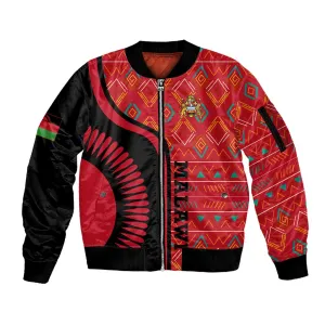 Malawi Patterns African Sleeve Zip Bomber Jacket Blended with Flag Colors and National Emblem TS04