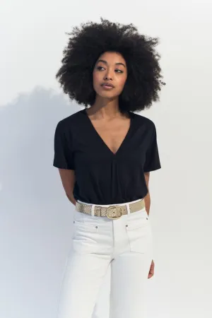 MARCIA - T-shirt noir encolure V maille irisée