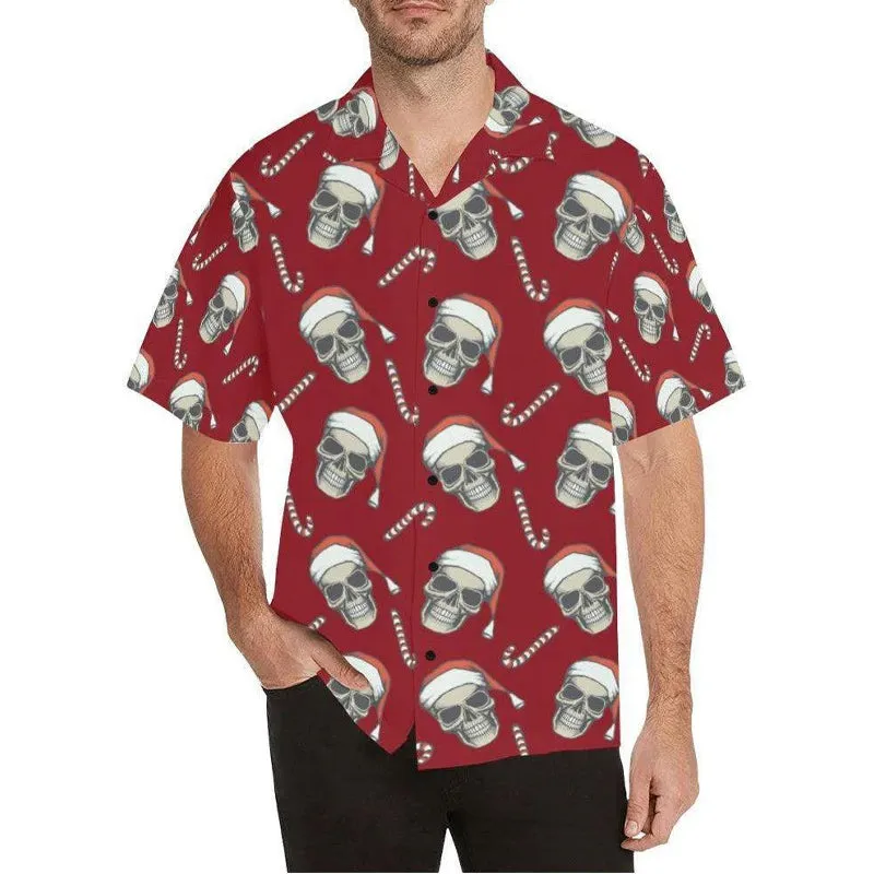 Men's Christmas hat skull print short sleeve shirt