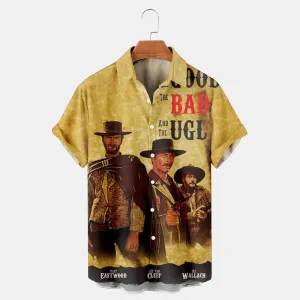 Men's Classic Nostalgic Cowboy Character Printed Short Sleeve Shirt