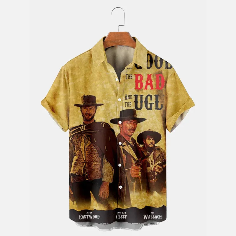 Men's Classic Nostalgic Cowboy Character Printed Short Sleeve Shirt